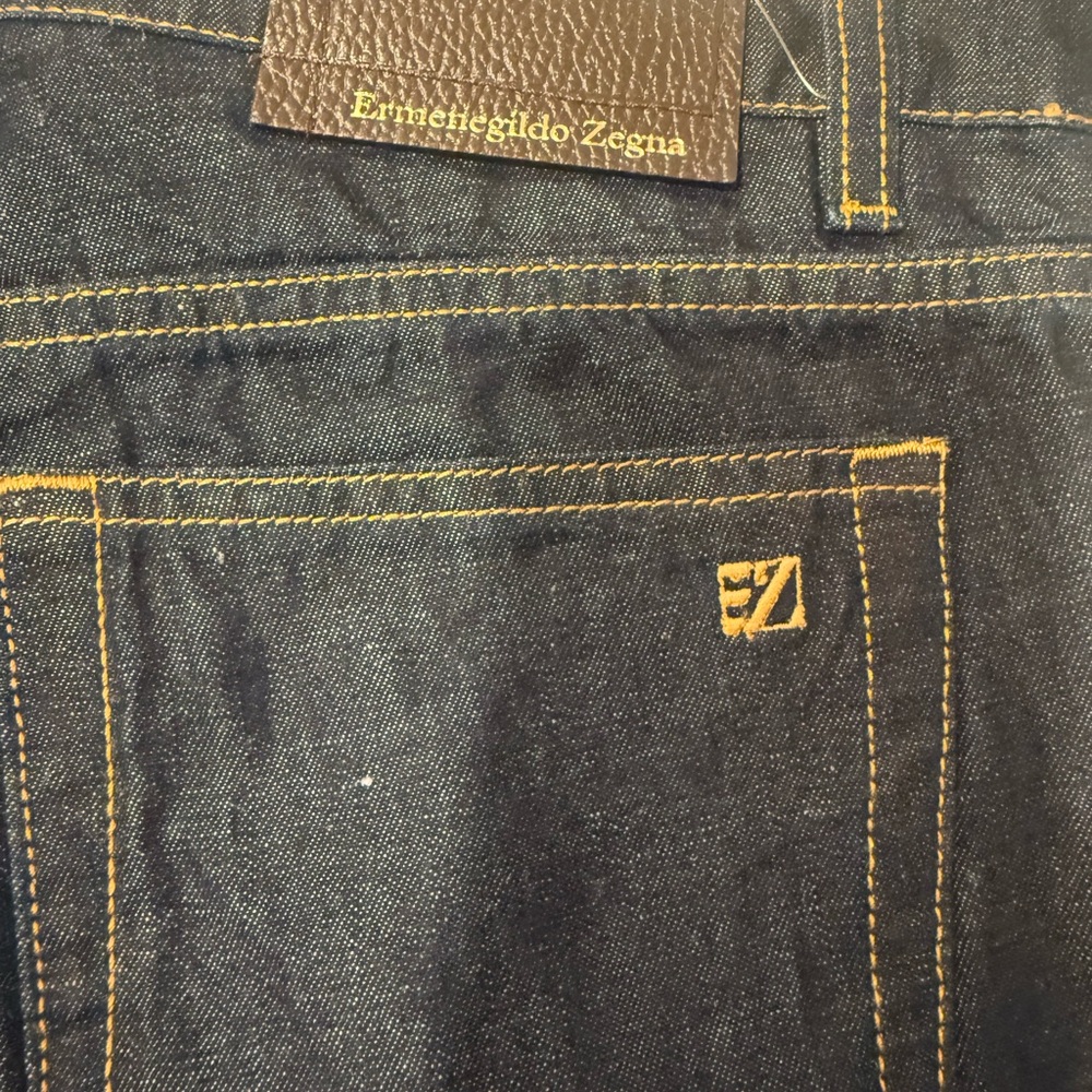 Ermenegildo Zegna Blue Jeans with Gold Stitching and Leather Patch